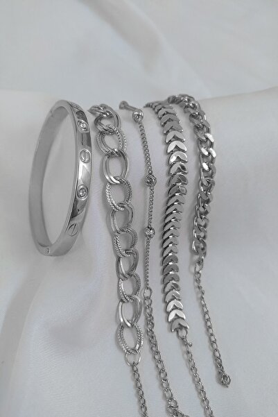 X-Lady Accessories Gümüş Kaplama Kadın Lüks Trend Kelepçe Kombin Bileklik - 2909