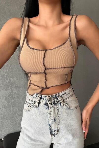 World Fashion Trends wft1497 Bluză crop din nurcă cu coase, fără mâneci