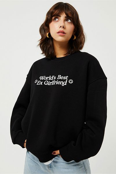 Eazy Co Hanorac gros unisex negru cu gât crew oversize Eazy Ex Girlfriend