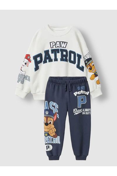 Magu Children's White Disney Paw Oil Printed Cotton Sweatshirt Tracksuit Bottom-Top Set