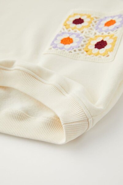 Magu Girl's Ecru Knitted Embroidered Cotton Sweatshirt