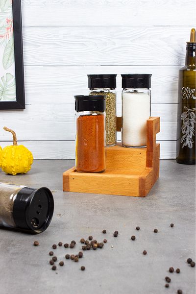 woodsy Linda 4-Piece Wooden Spice Rack Set, Wooden Stand, 4-Piece Spice Rack Set with Cast Lid