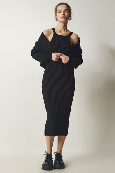 Happiness İstanbul Women's Black Cardigan Dress Knitwear Suit YY00185