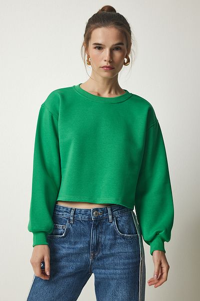 Happiness İstanbul Women's Green Crew Neck Raised Crop Knitted Sweatshirt BF00085