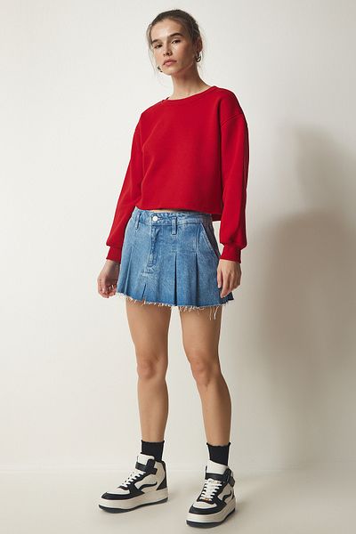 Happiness İstanbul Dámska červená pletená mikina Crew Neck Raised Crop BF00085