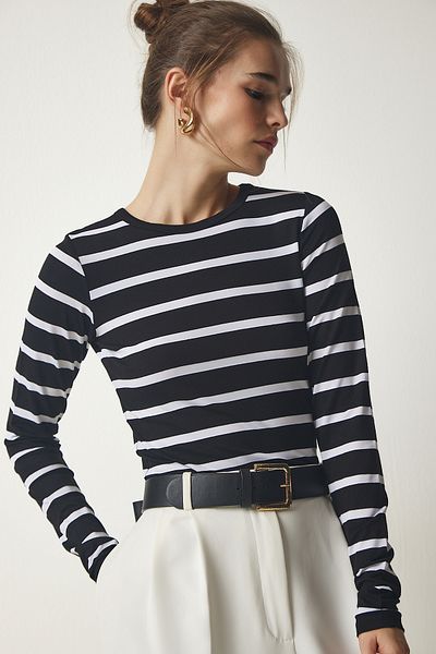 Happiness İstanbul Women's Black Striped Knitted Blouse LD00065