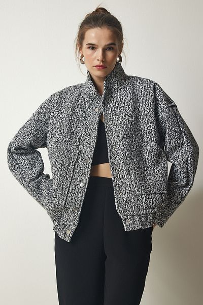 Happiness İstanbul Women's Dark Gray Oversize Boucle Jacket with Snap Fasteners FN03087