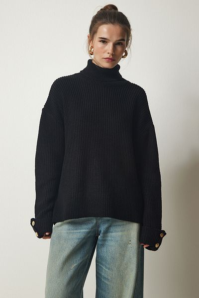 Happiness İstanbul Pulover oversize de tricotaje de damă, cu detaliu cu nasturi negri, cu gât țesut YY00183
