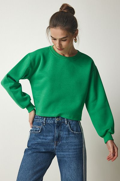 Happiness İstanbul Women's Green Crew Neck Raised Crop Knitted Sweatshirt BF00085