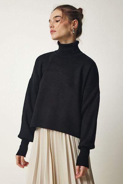 Happiness İstanbul Czarny wygodny sweter damski z golfem KG00007