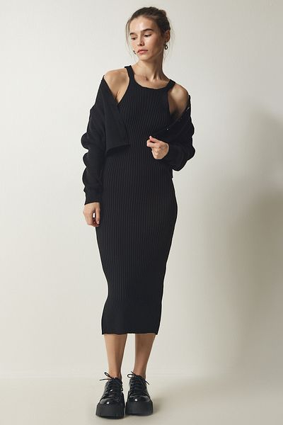 Happiness İstanbul Women's Black Cardigan Dress Knitwear Suit YY00185