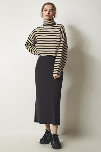 Happiness İstanbul Fekete hasított elasztikus, kötött, modális női szoknya FN03140