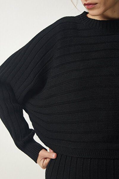 Happiness İstanbul Női fekete zsinóros kötött pulóver ruha szett CI00095