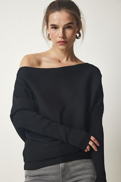 Happiness İstanbul Schwarzer Rippenpullover mit asymmetrischem Kragen für Damen FN03138