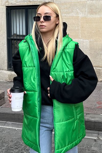 Trend Alaçatı Stili Women's Green Hooded Pocket Detailed Oversize Inflatable Vest ALC-X9455