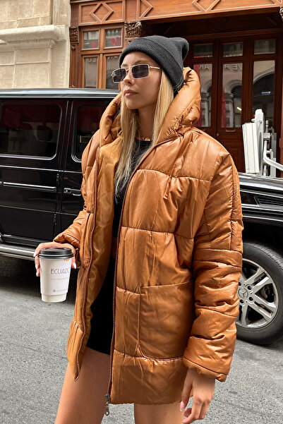 Trend Alaçatı Stili Damen Brauner Puffermantel mit Kapuze und Außentasche, mo...