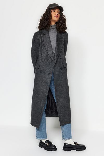 Trendyol Collection Anthrazitfarbener Kaschmirmantel mit Knöpfen TWOAW24KB00210