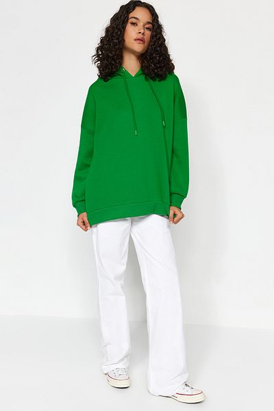 Trendyol Collection Zelená zadní potištěná oversize/široký střih s kapucí, tlustá fleecová pletená mikina TWOAW23SW00904