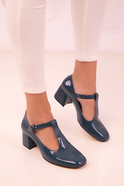 SOHO Petrol Blue Patent Leather Women's Classic Heeled Shoes 18378