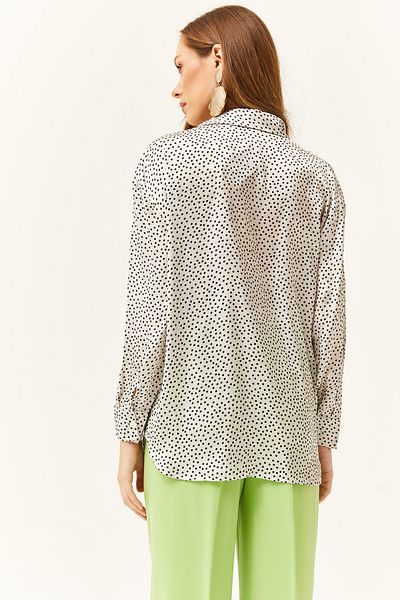 Olalook Women's Polka Dot Ecru Patterned Oversize Satin Shirt