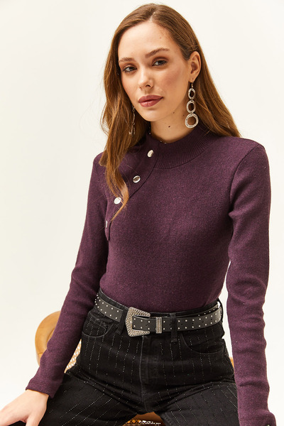 Olalook Kadın Mürdüm Düğme Detaylı Yarım Balıkçı Likralı Bluz BLZ-19001608