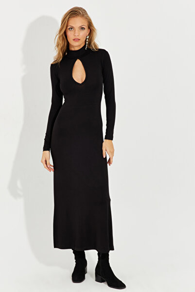 Cool & Sexy Kadın Siyah Önü Damla Yırtmaçlı Midi Elbise EY2575