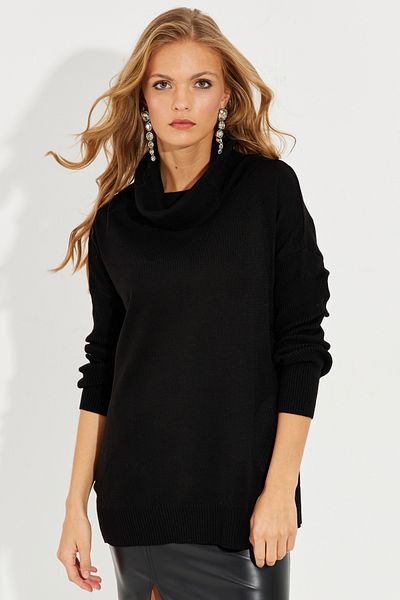 Cool & Sexy Schwarzer Damen-Strickpullover mit Spitzenkragen und Tasche YZ519