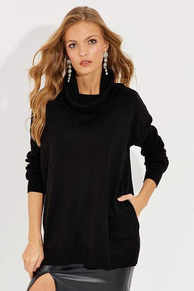Cool & Sexy Schwarzer Damen-Strickpullover mit Spitzenkragen und Tasche YZ519