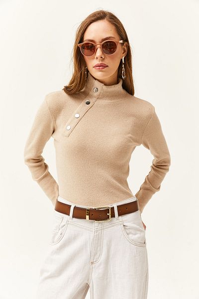 Olalook Női kőgombos részletes félhalász lycra blúz BLZ-19001608