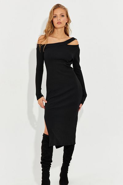 Cool & Sexy Γυναικείο Μίντι Φόρεμα με σκίσιμο παραθύρου μαύρο ασύμμετρο γιακά EY2576