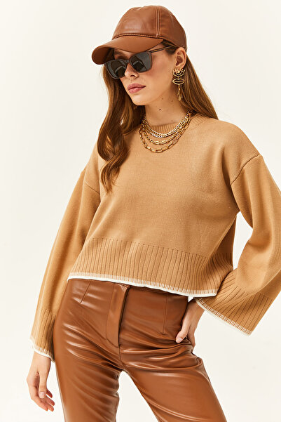 Olalook Дамски кратък трикотажен пуловер с испански ръкав в цвят Camel