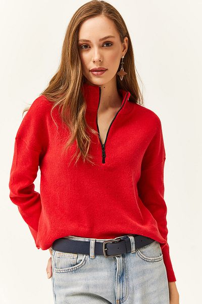 Olalook Women's Red Zippered Stand Collar Raised Sweatshirt