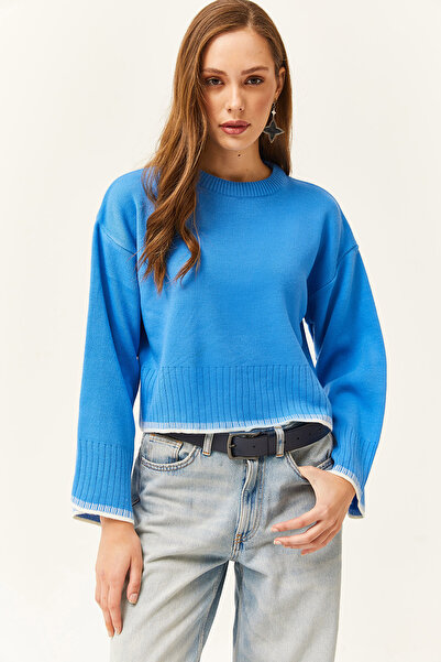 Olalook Pulover de damă albastru cu mâneci spaniole crop tricotaj