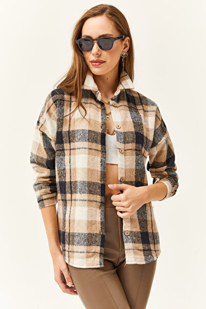 Olalook Női bézs sötétkék kockás favágó ing