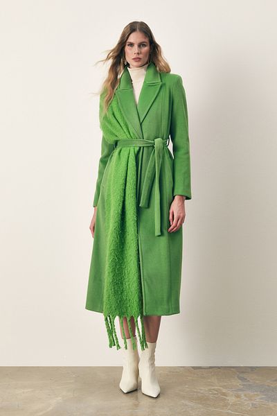 Sateen Belted Long Coat - Green