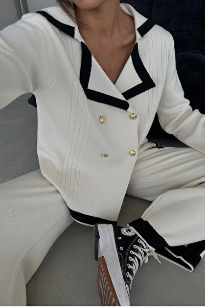 vuvutasarım Γυναικείο πλεκτό με κουμπιά γιακά με λεπτομέρειες από ύφασμα ζακέτα και ψηλόμεσο παντελόνι Λευκό διπλό πλεκτό κοστούμι 2501