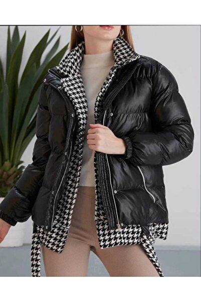 Azra Moda Style Houndstooth Stamp Detail Puffer Jacket Women