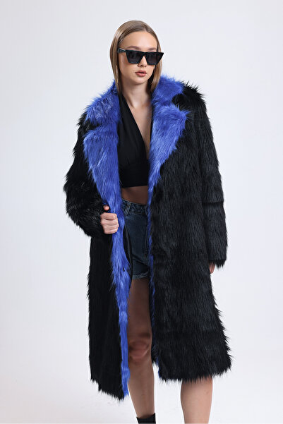 KürkZone KADIN YAKA MAVİ SİYAH KABAN MANTO