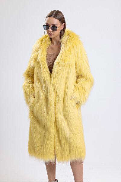 KürkZone KADIN GENİŞ YAKA KAPİŞONLU SARI MANTO