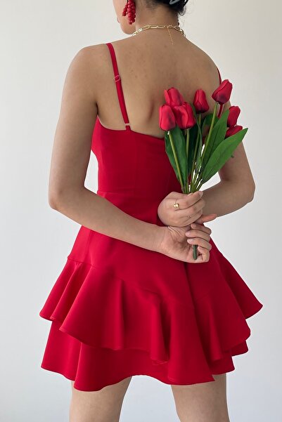 vuvutasarım Red Mini Evening Dress with Layered Detail - Thin Straps, Cotton Atlas Fabric 102