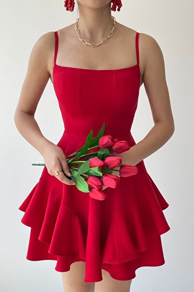 vuvutasarım Red Mini Evening Dress with Layered Detail - Thin Straps, Cotton Atlas Fabric 102