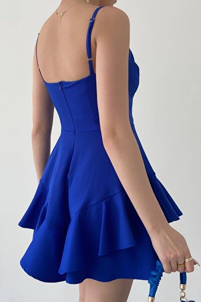 vuvutasarım DAR KALIP Pamuklu Atlas Kumaş İnce Askılı Eteği Kat Detay Saks Mavi Mini Abiye Elbise Bebe 102