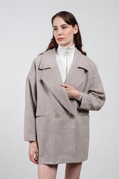 vuvutasarım Λεπτομέρεια τσέπης γιακά με μοτίβο ψαροκόκκαλο Χαμηλό μανίκι Oversize Mold Mink Stash Coat 7060