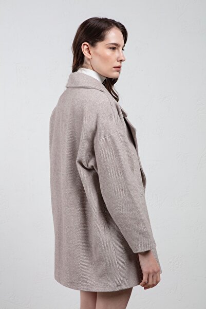 vuvutasarım Λεπτομέρεια τσέπης γιακά με μοτίβο ψαροκόκκαλο Χαμηλό μανίκι Oversize Mold Mink Stash Coat 7060