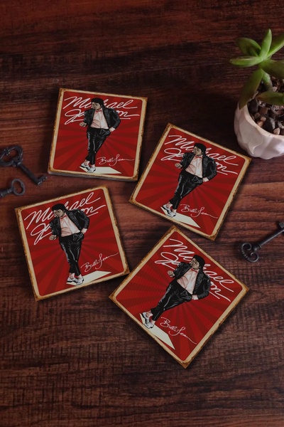Teona Ahşap Kare Ahşap Bardak Altlığı 6'lı micheal jackson dansı Retro Tarz 1...