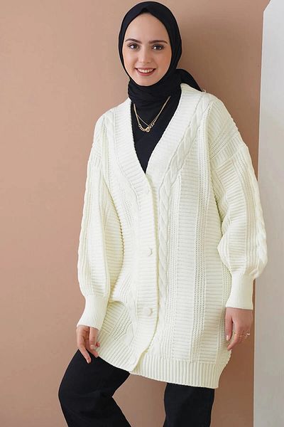 hazelin Women's Hijab Ecru Hair Knitted Pattern Long Buttoned Comfortable Cut Knitwear Cardigan HZL24W-BD1100691