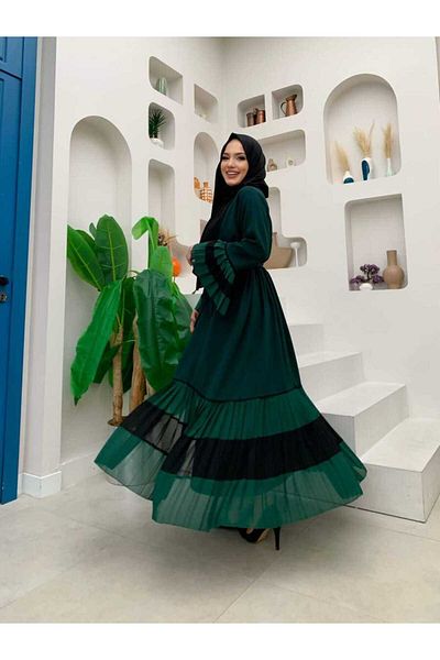 Bym Fashion Μανίκι και φούστα δίχρωμη μέση με πιέτες Abaya 7454 Emerald