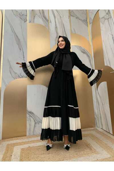 Bym Fashion Μανίκι και φούστα Δίχρωμη μέση Πλισέ Abaya 7454 Μαύρο-Λευκό