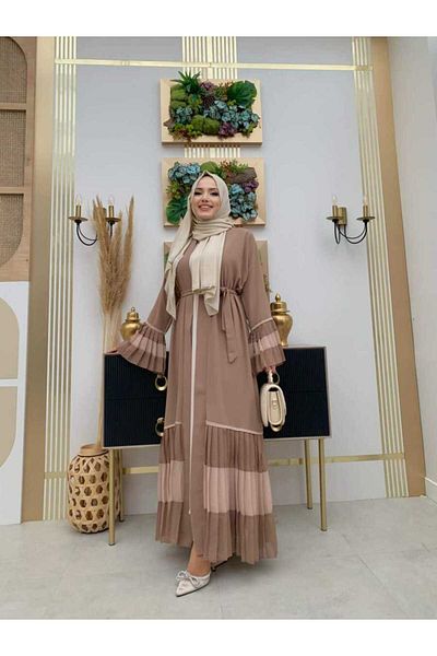 Bym Fashion Двуцветен ръкав и пола с колан, плисирана абая 7454 Норка