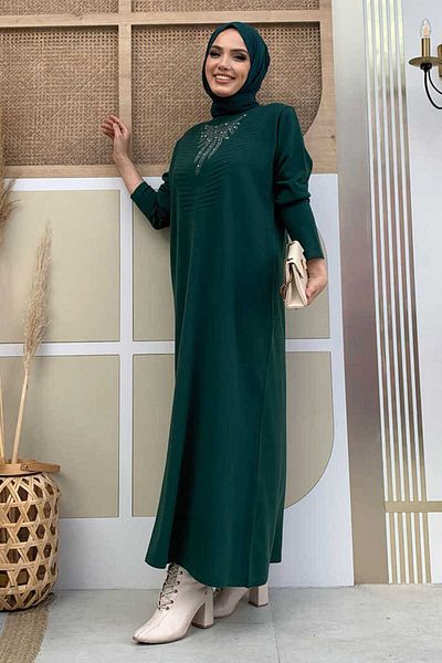 Bym Fashion Chest Stoned Embroidery Detail Knitwear Dress 23317 Emerald